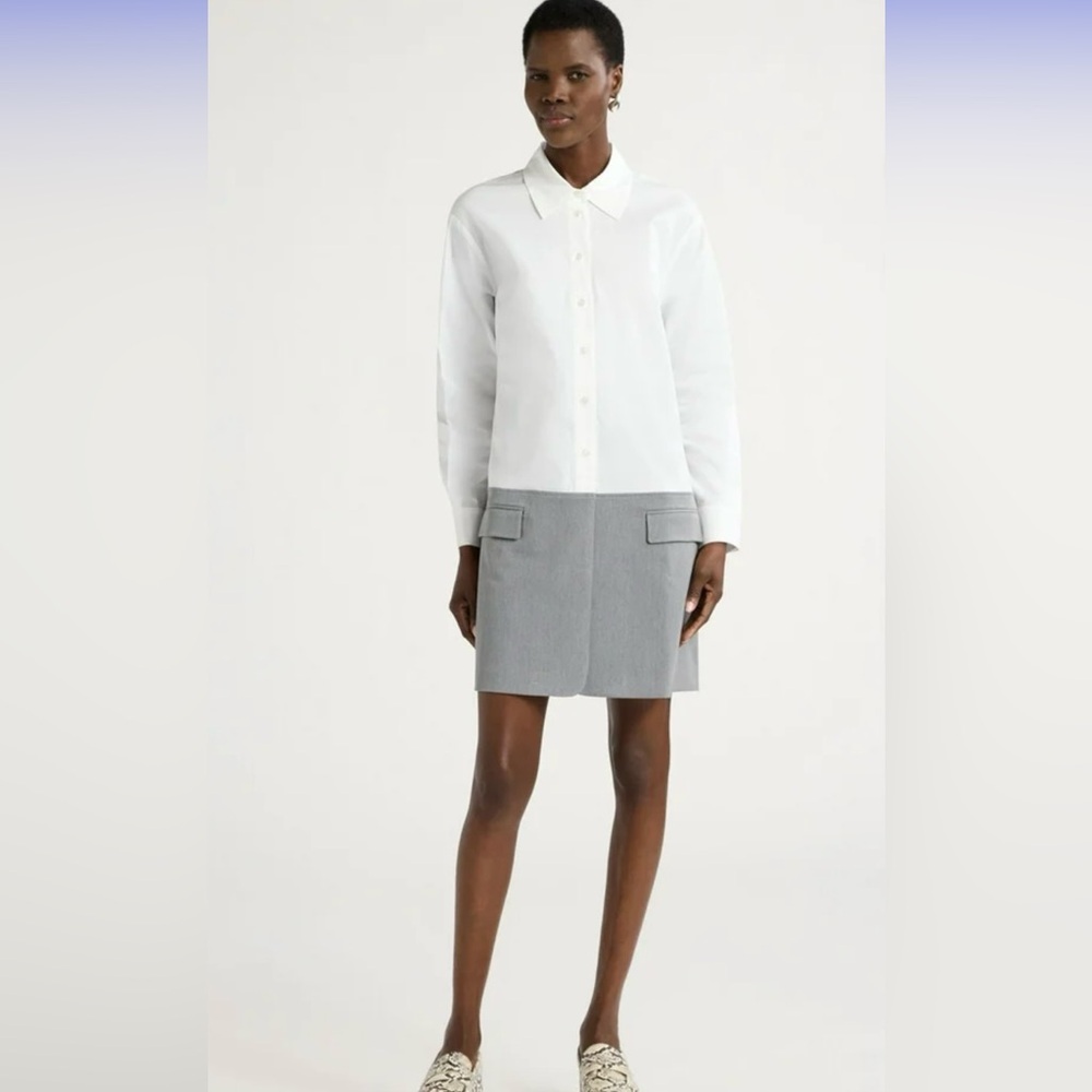 NWT Scoop Shirt Dress Mix Media Poplin Suiting Mini Oversized Long Sleeve Sz XS
